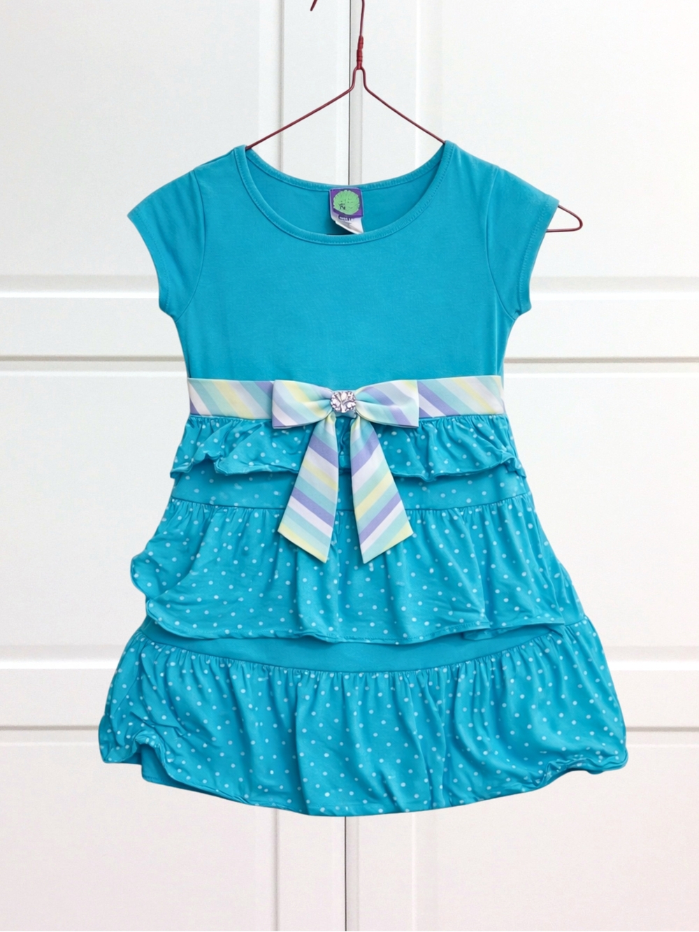 Dollie Me Girls Dress Bright Blue Ruffle Polka Dot Bow Detail Size 6